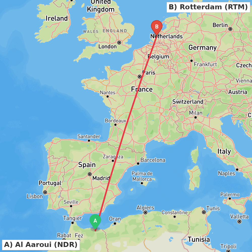 Flight route map from Al Aaroui to Rotterdam