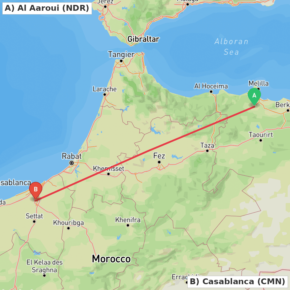 Flight route map from Al Aaroui to Casablanca