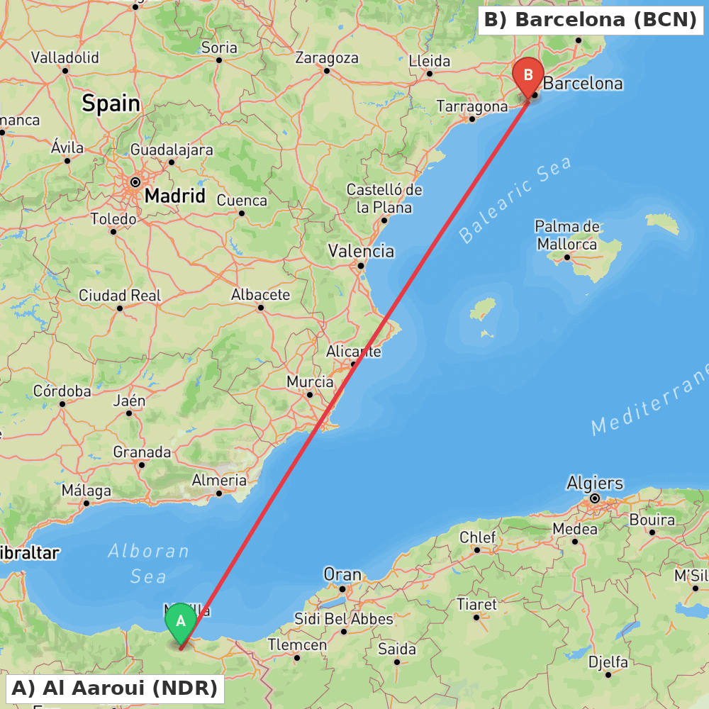 Flight route map from Al Aaroui to Barcelona