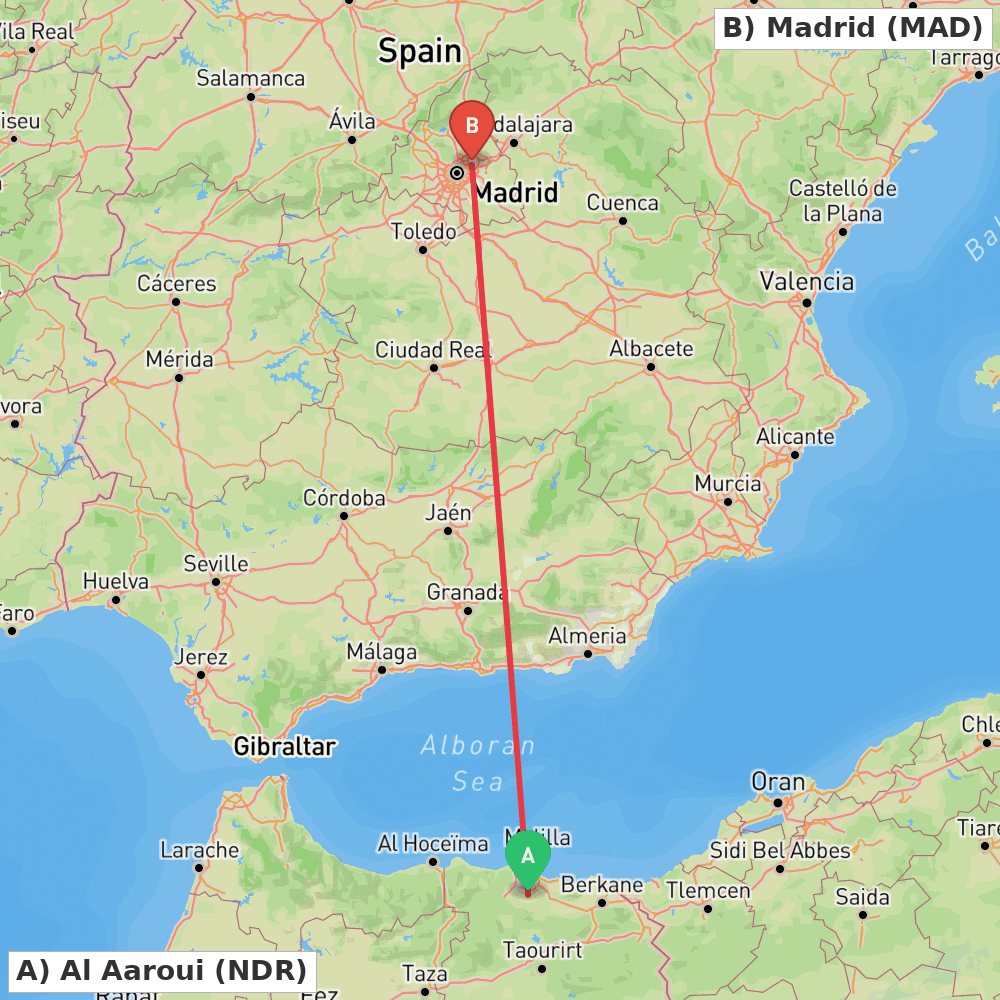 Flight route map from Al Aaroui to Madrid