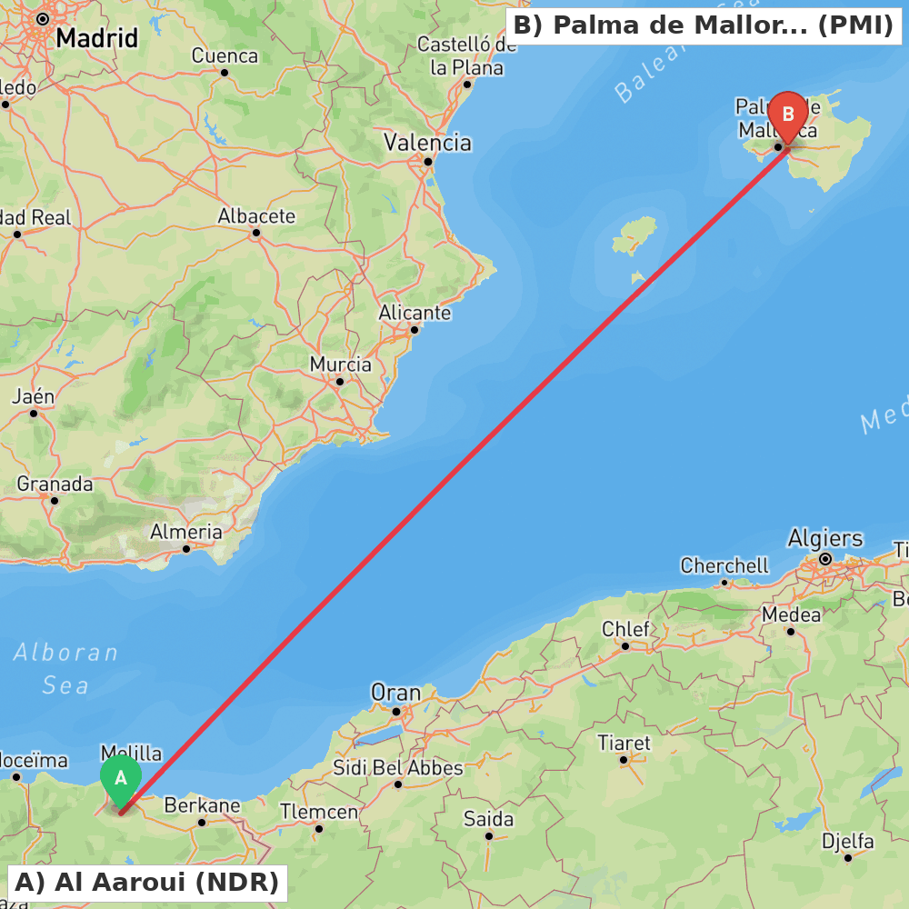 Flight route map from Al Aaroui to Palma de Mallorca