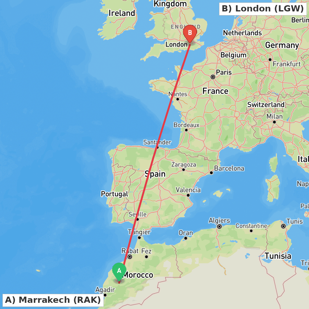 Flight route map from Marrakech to London