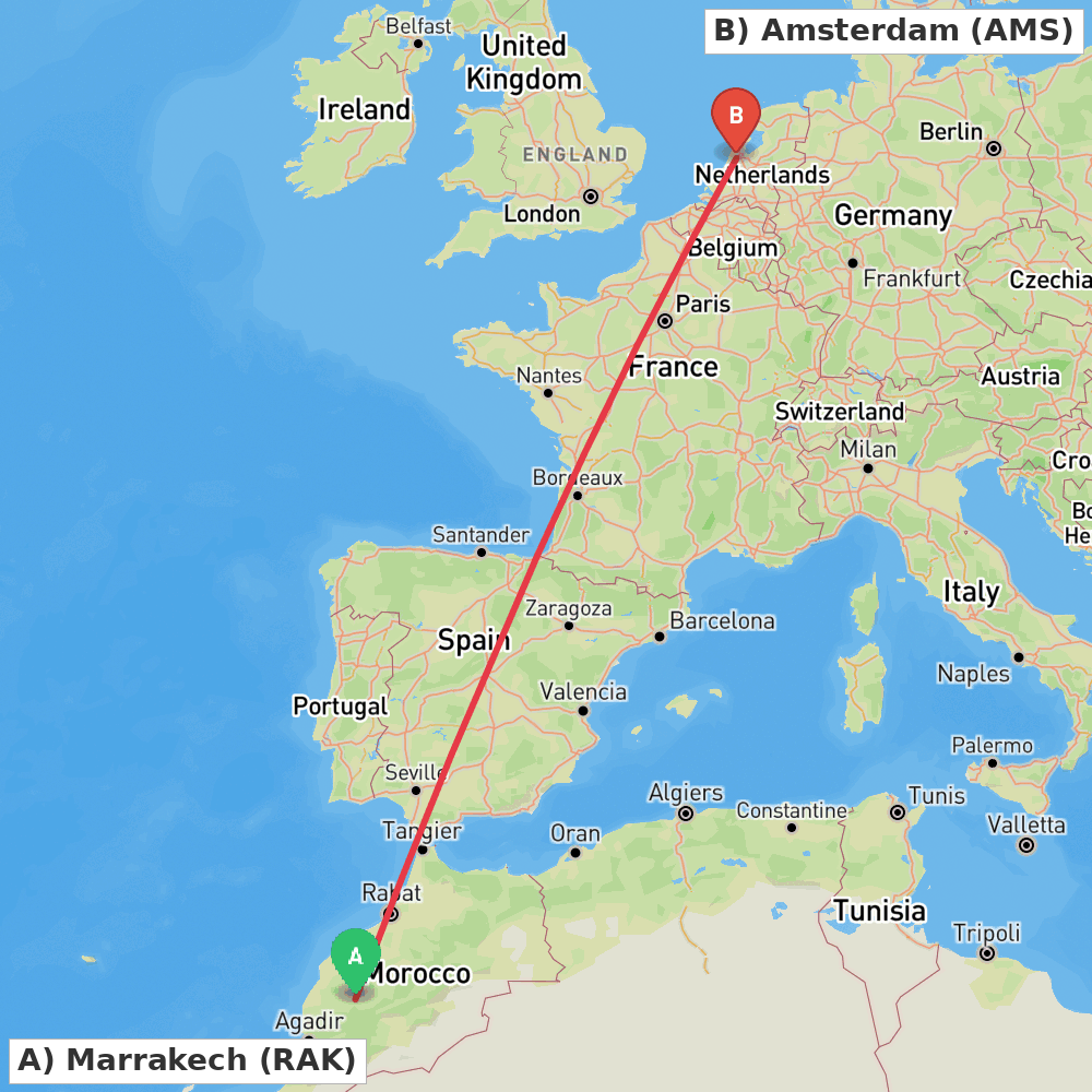 Flight route map from Marrakech to Amsterdam
