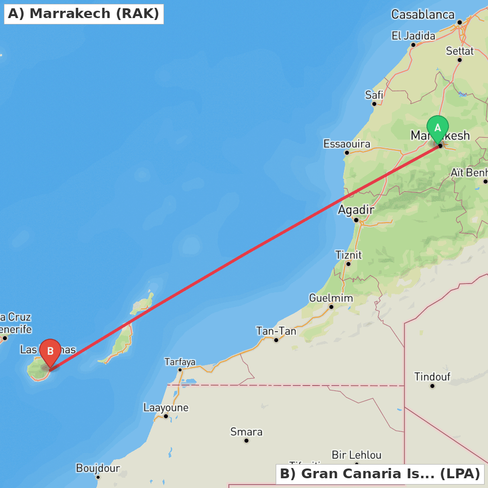 Flight route map from Marrakech to Gran Canaria Island