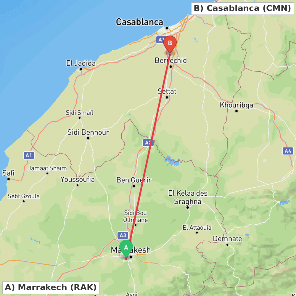 Flight route map from Marrakech to Casablanca