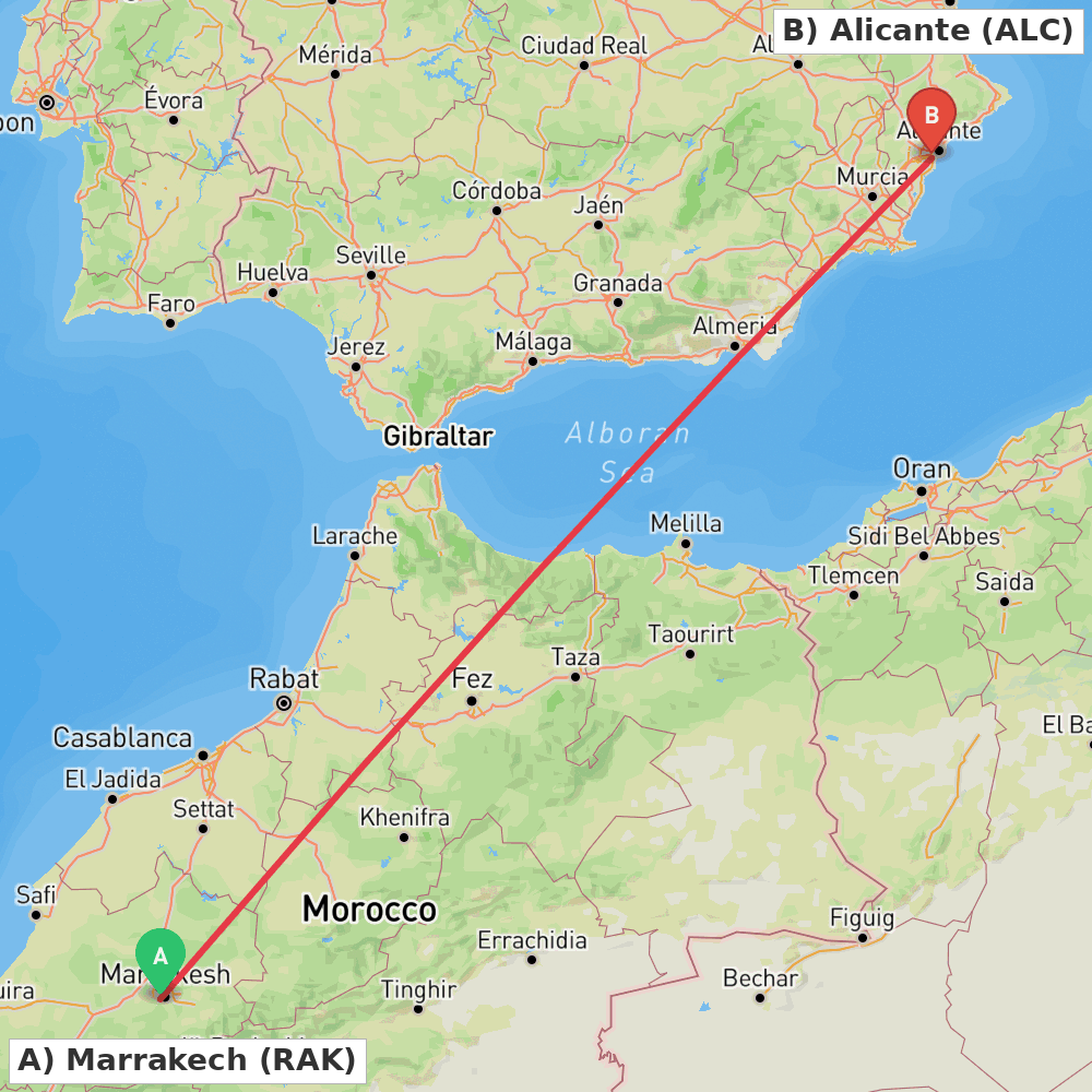 Flight route map from Marrakech to Alicante