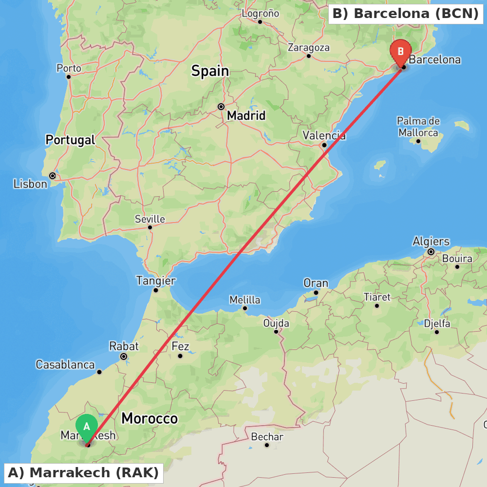 Flight route map from Marrakech to Barcelona
