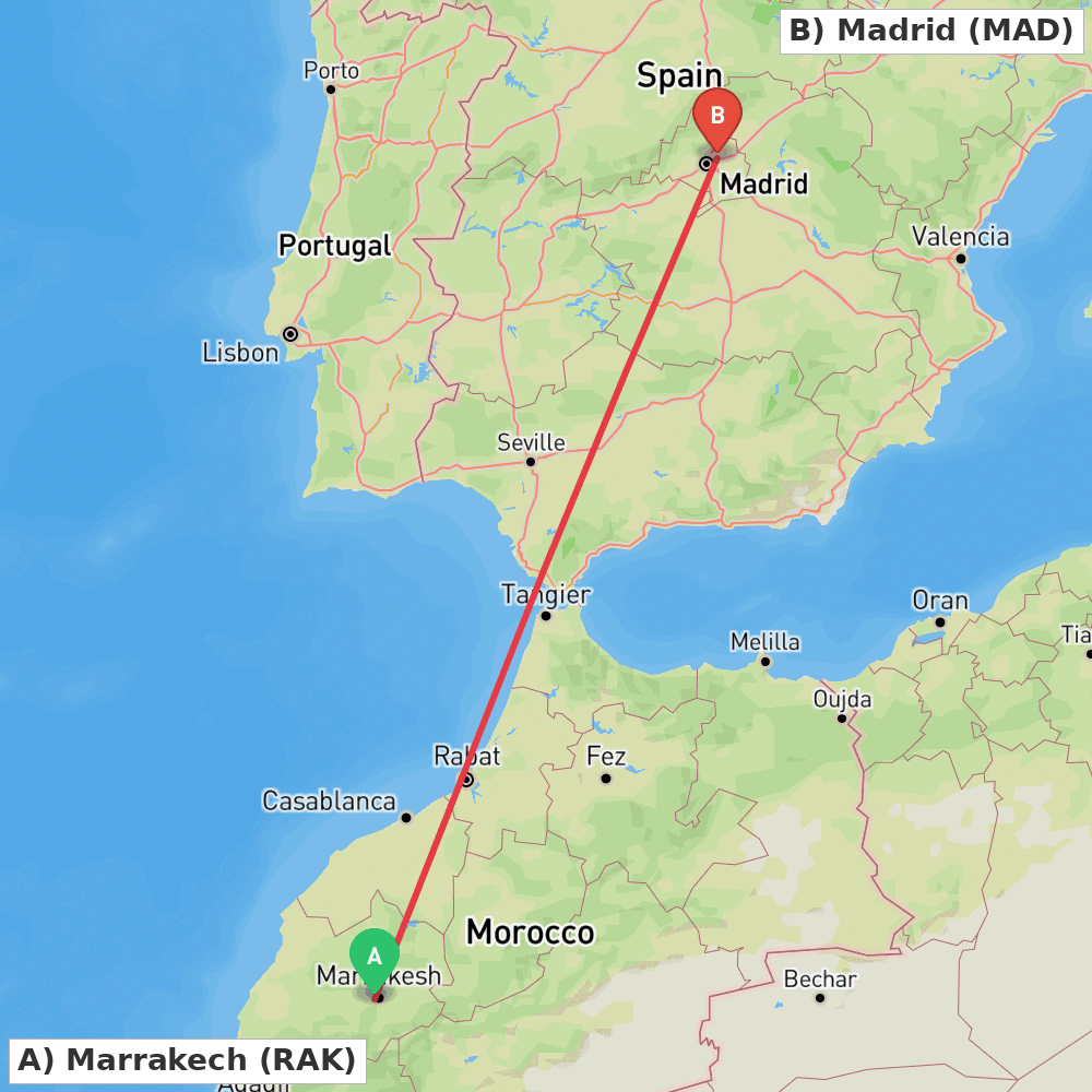 Flight route map from Marrakech to Madrid