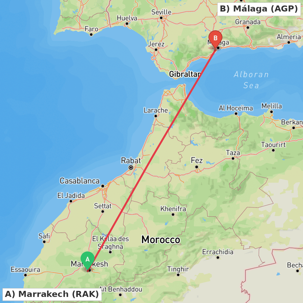 Flight route map from Marrakech to Málaga