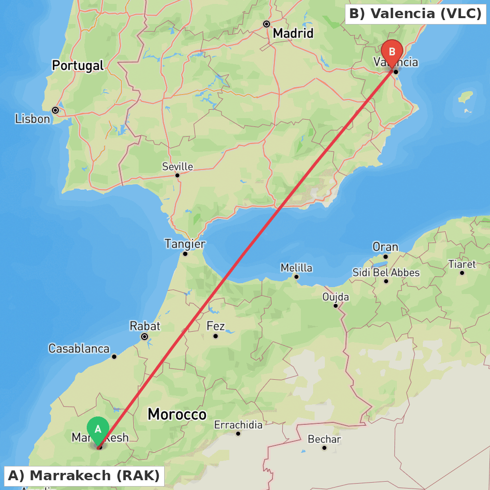 Flight route map from Marrakech to Valencia