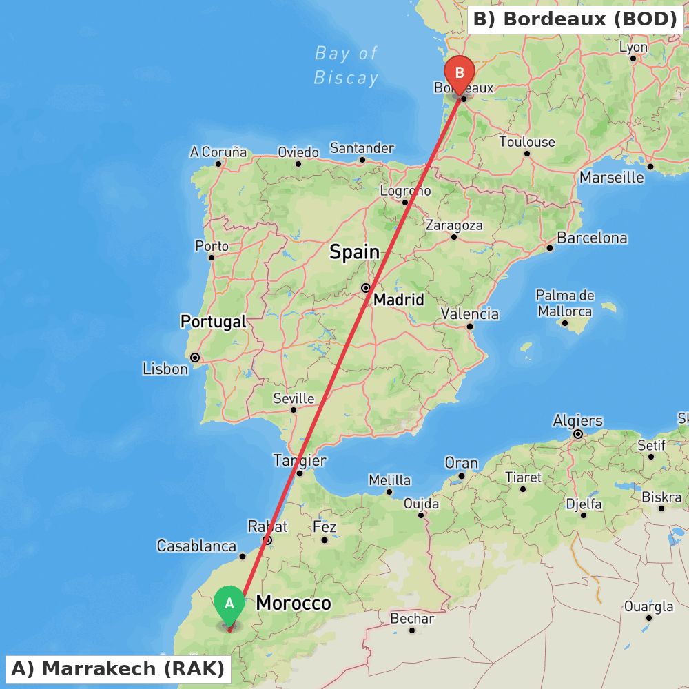 Flight route map from Marrakech to Bordeaux