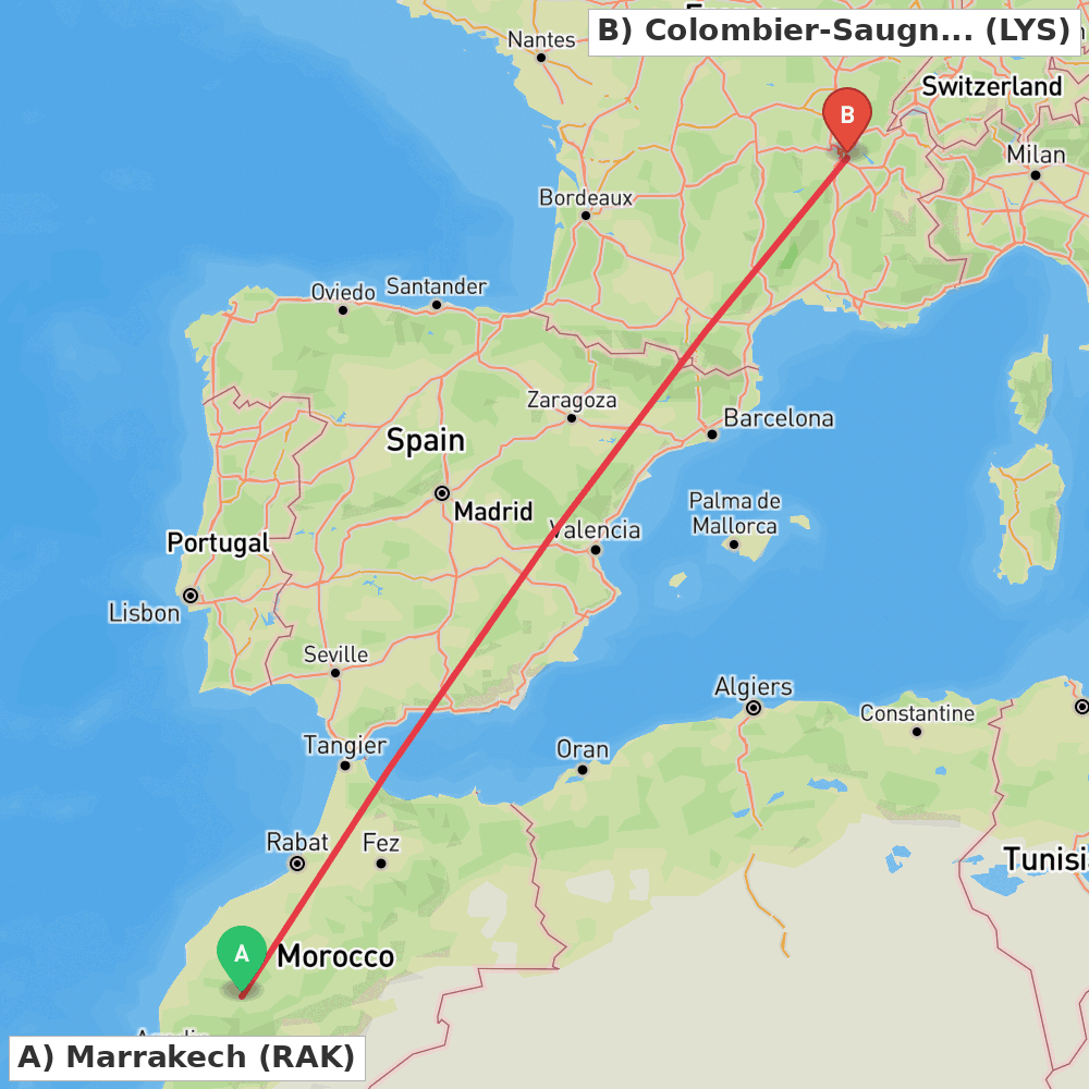 Flight route map from Marrakech to Colombier-Saugnieu, Rhône