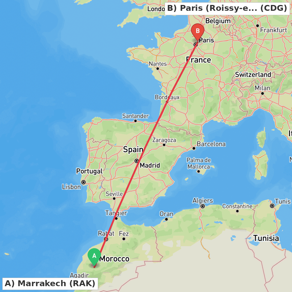 Flight route map from Marrakech to Paris (Roissy-en-France, Val-d'Oise)
