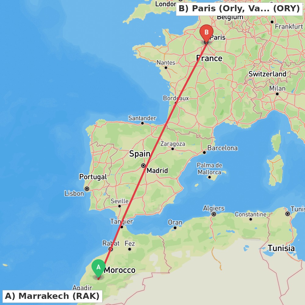 Flight route map from Marrakech to Paris (Orly, Val-de-Marne)