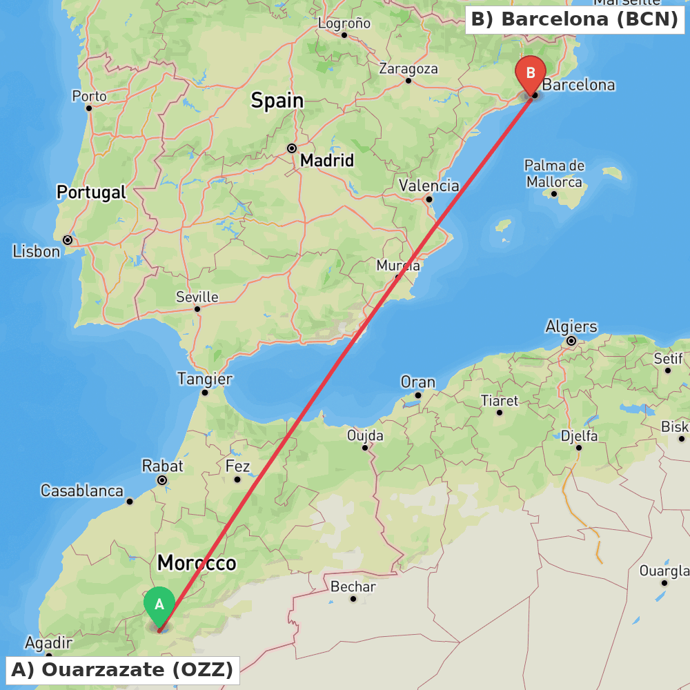 Flight route map from Ouarzazate to Barcelona