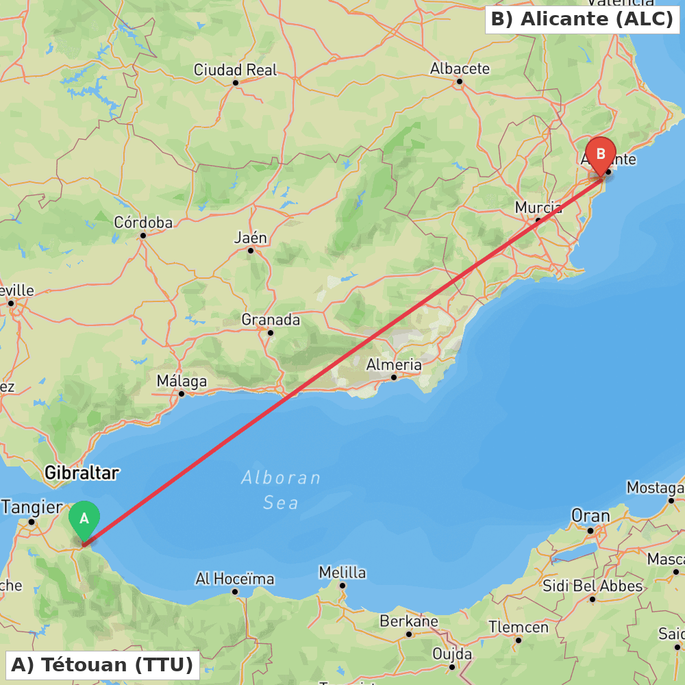 Flight route map from Tétouan to Alicante