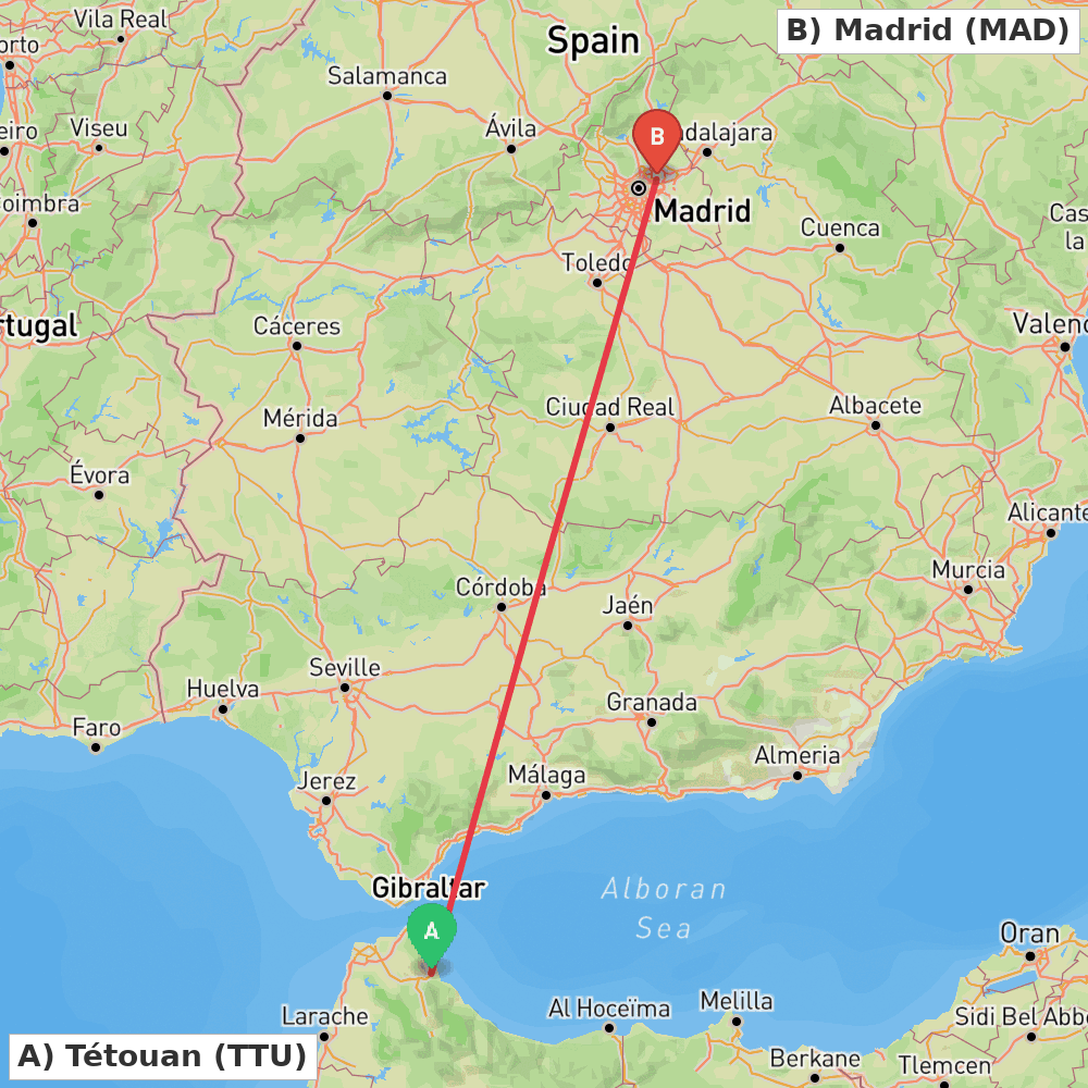 Flight route map from Tétouan to Madrid