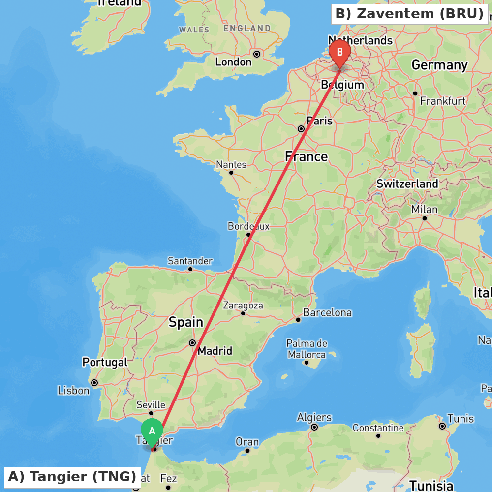 Flight route map from Tangier to Zaventem