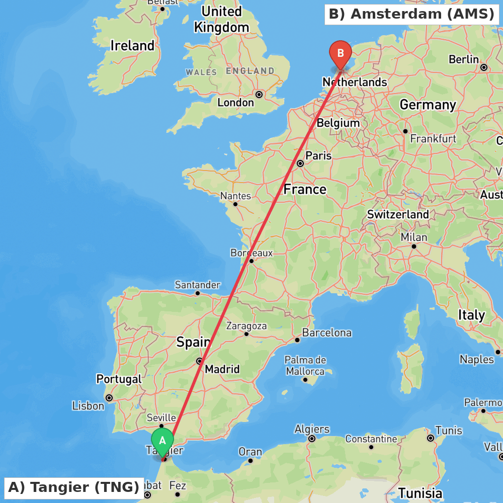 Flight route map from Tangier to Amsterdam