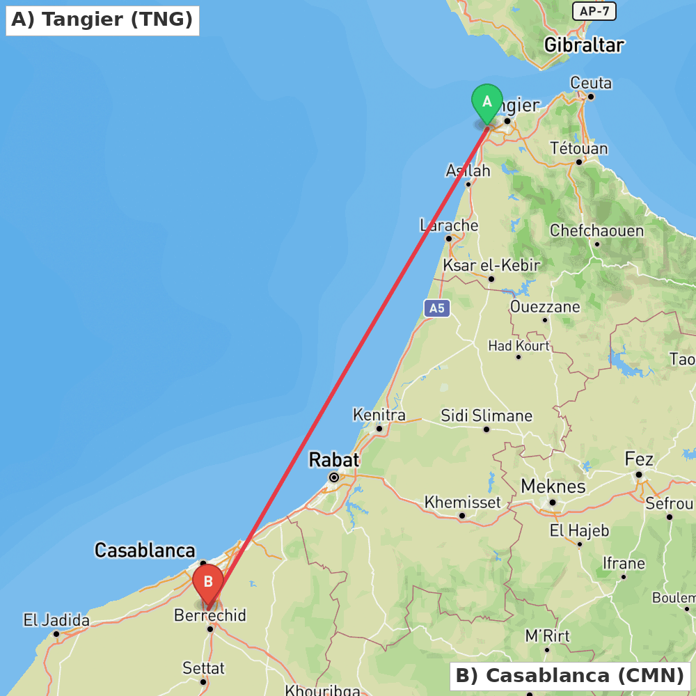 Flight route map from Tangier to Casablanca