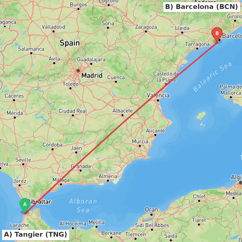 Flight route map from Tangier to Barcelona