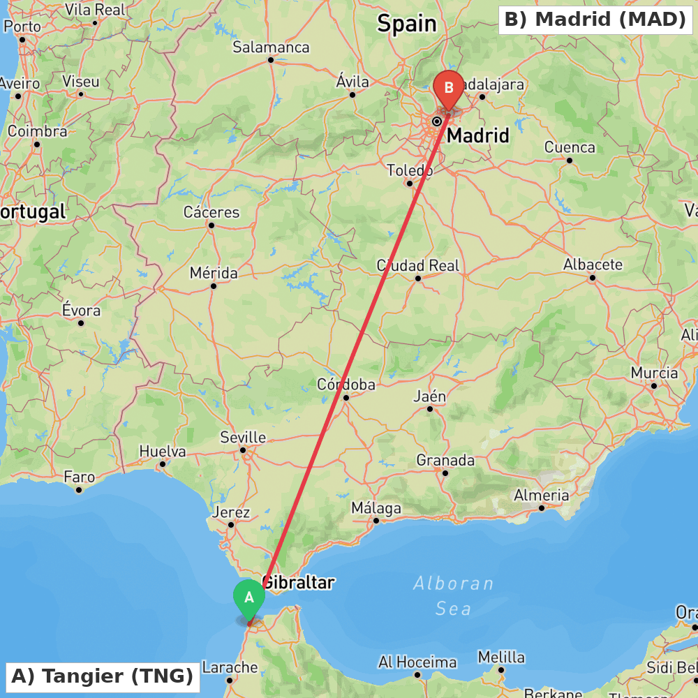 Flight route map from Tangier to Madrid