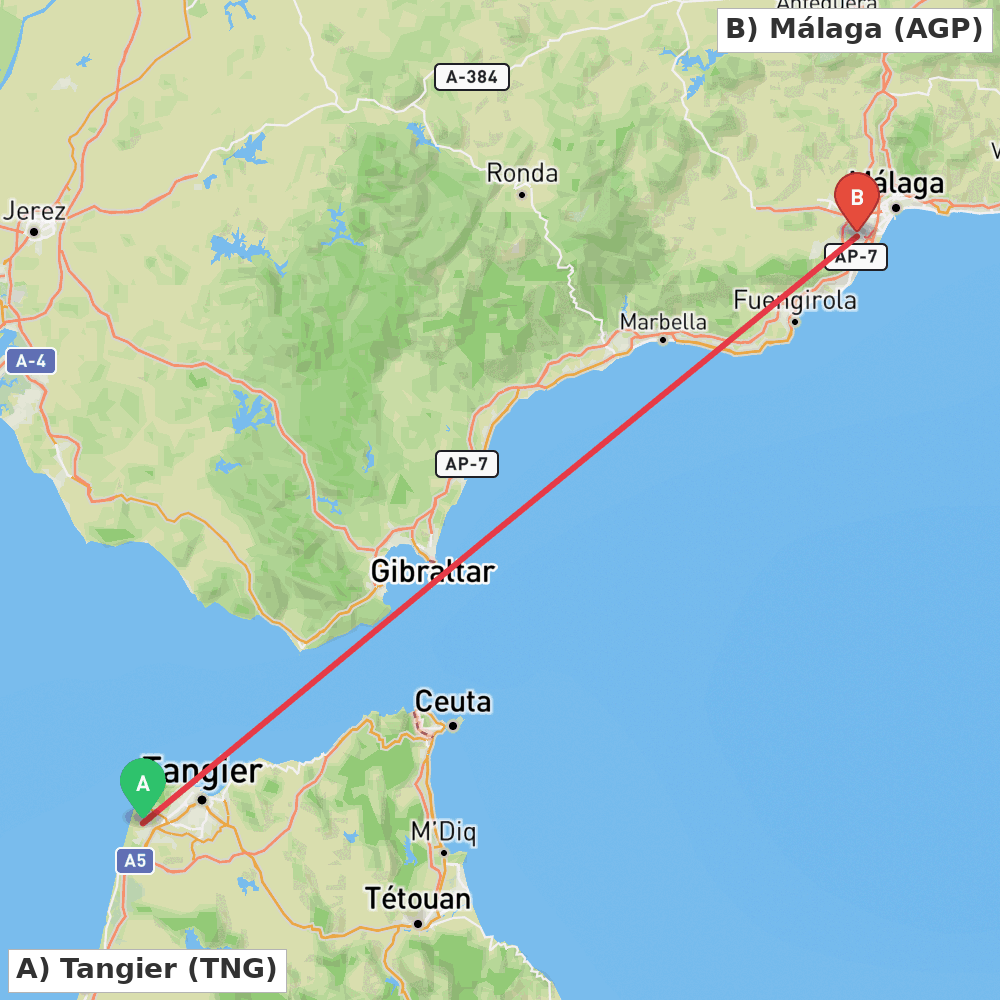Flight route map from Tangier to Málaga