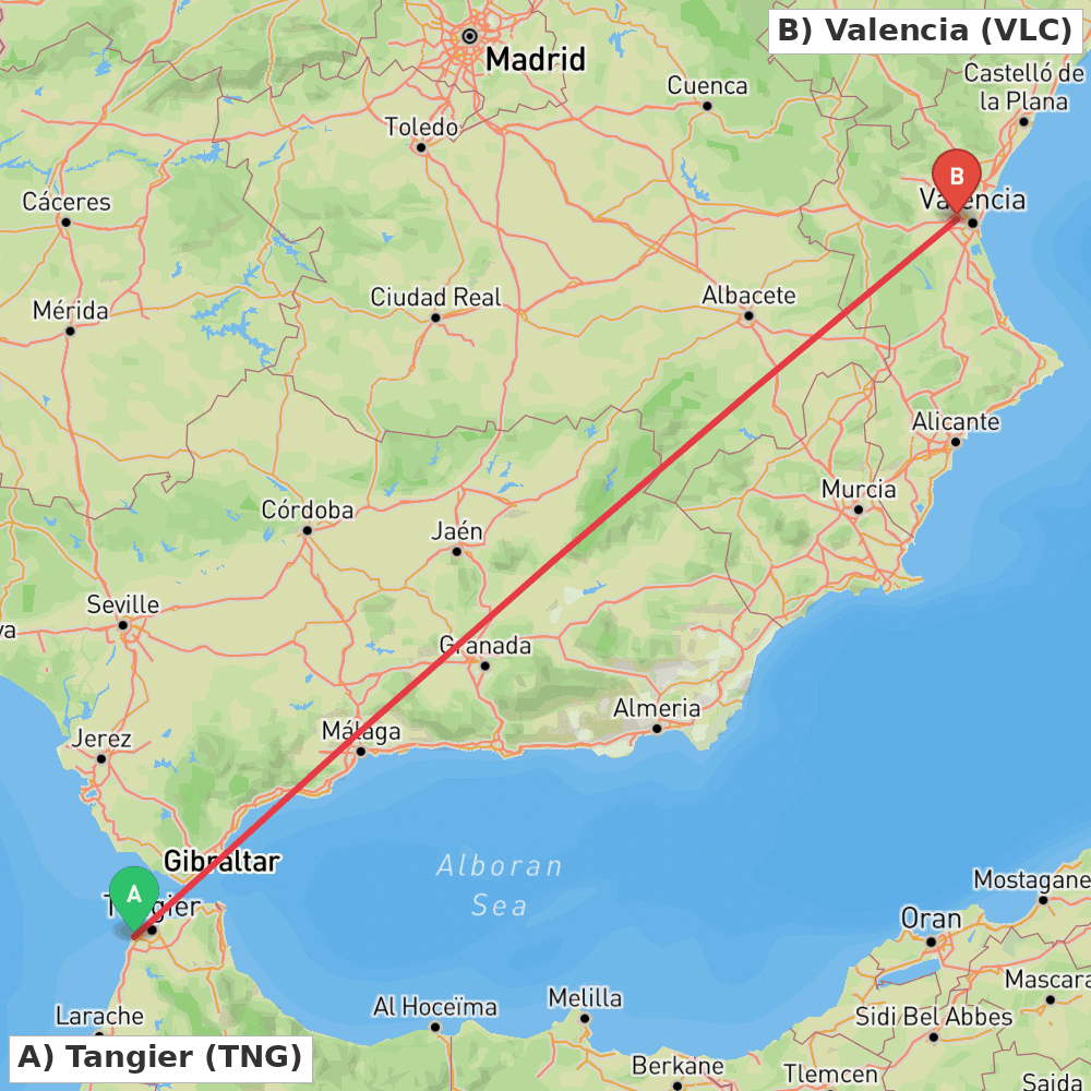 Flight route map from Tangier to Valencia