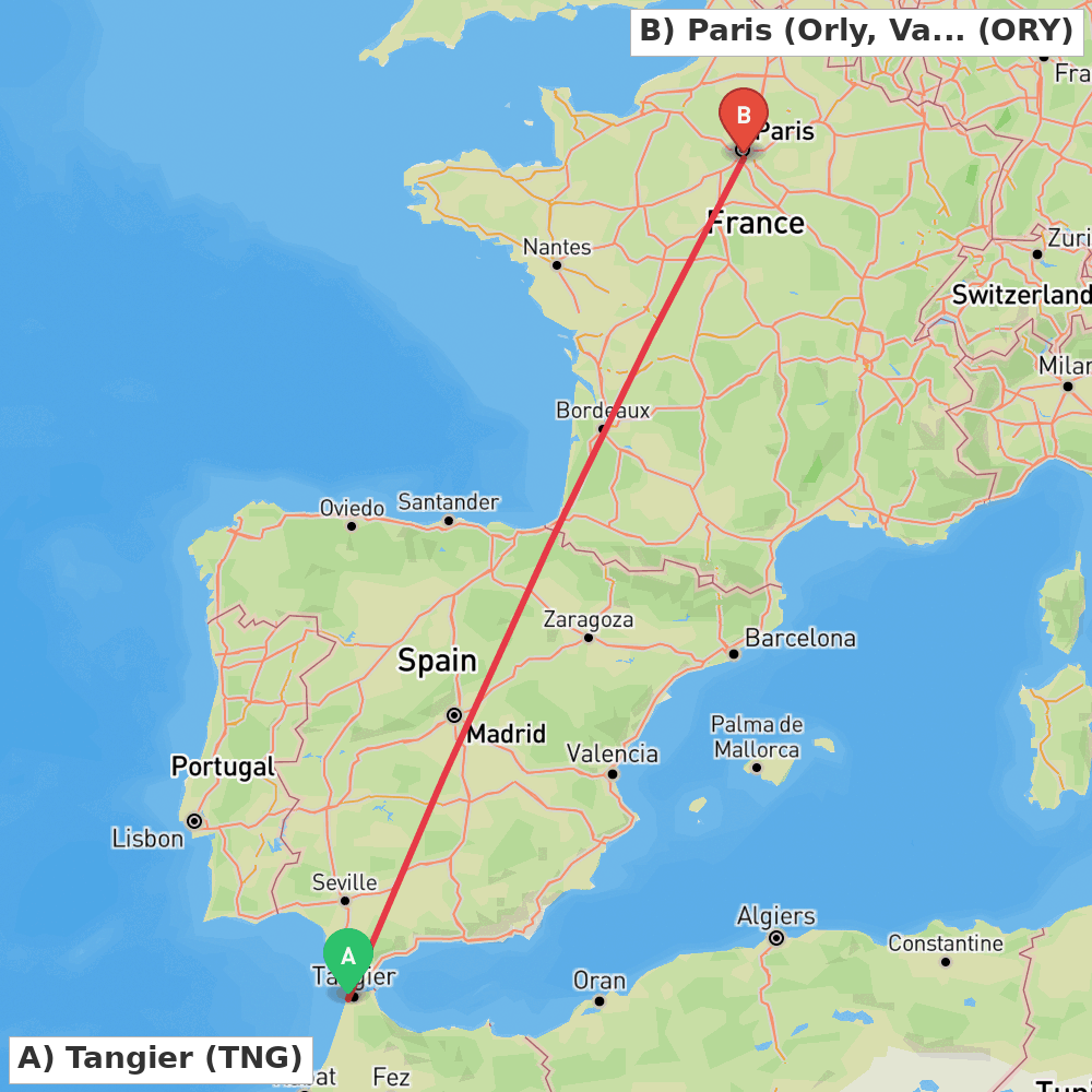 Flight route map from Tangier to Paris (Orly, Val-de-Marne)