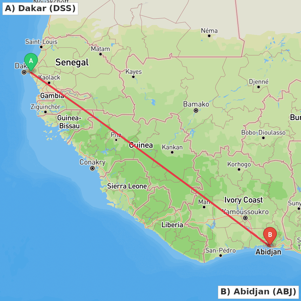 Flight route map from Dakar to Abidjan