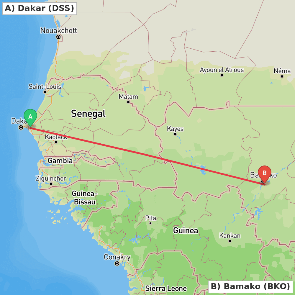 Flight route map from Dakar to Bamako