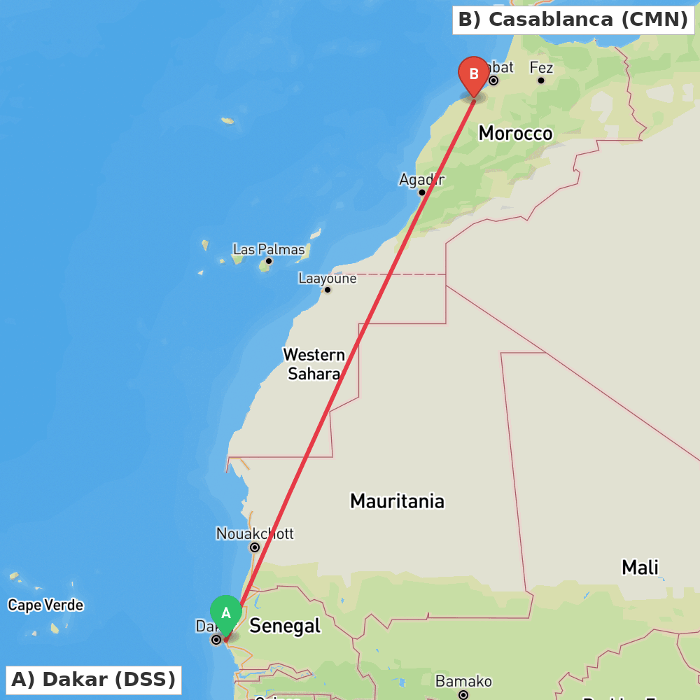 Flight route map from Dakar to Casablanca