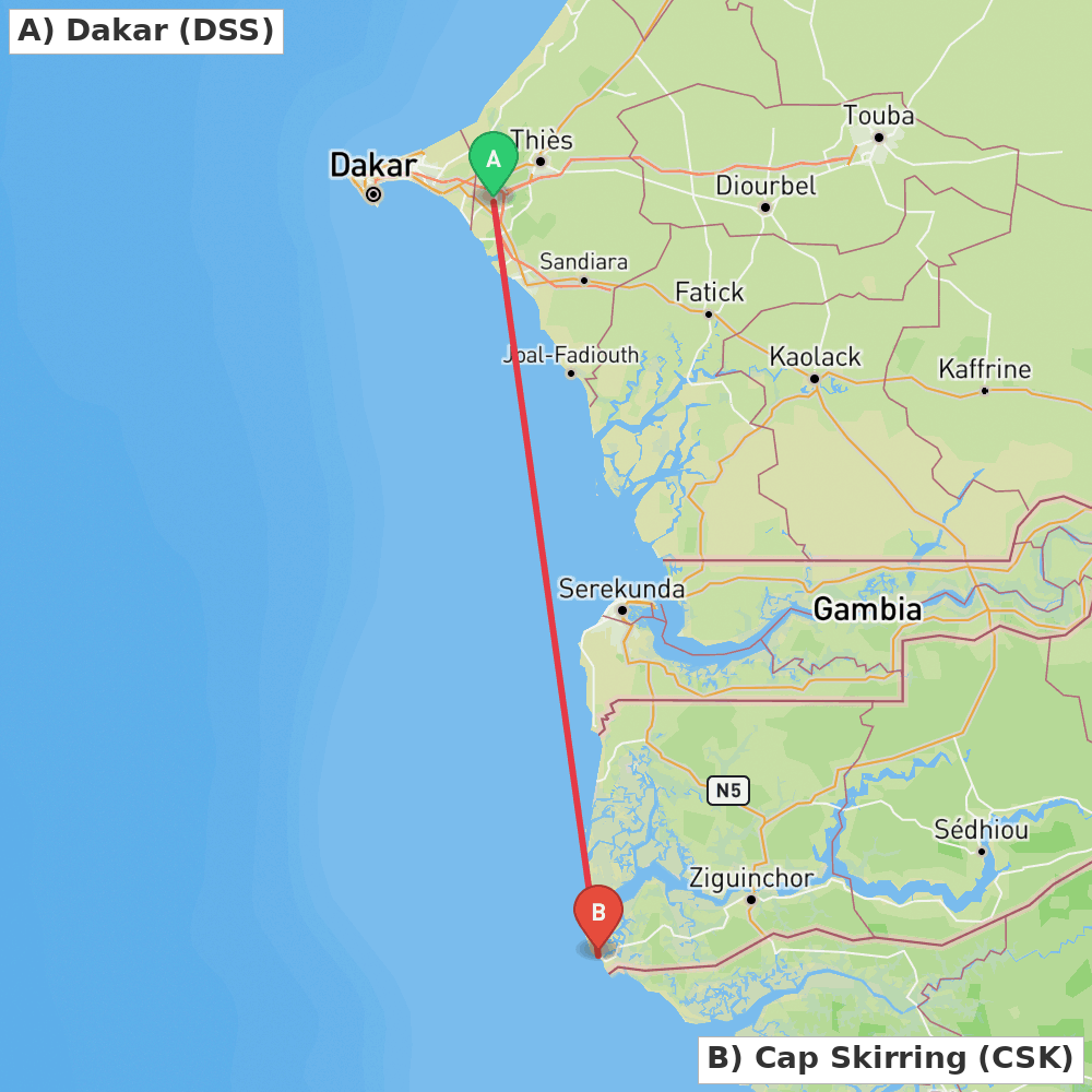 Flight route map from Dakar to Cap Skirring