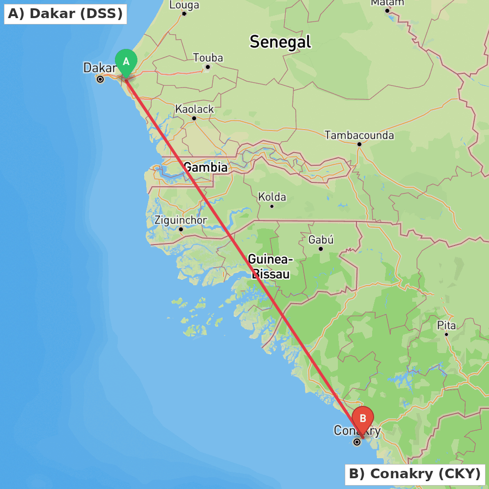 Flight route map from Dakar to Conakry