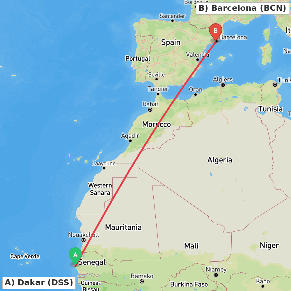 Flight route map from Dakar to Barcelona