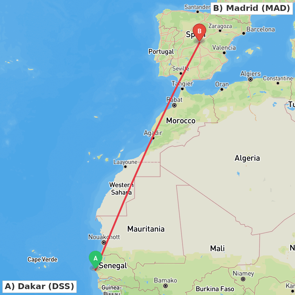 Flight route map from Dakar to Madrid