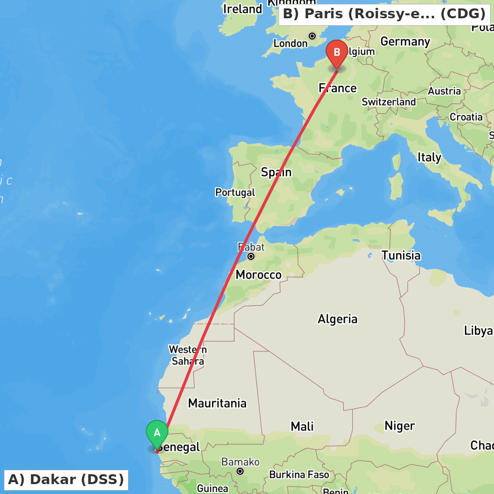 Flight route map from Dakar to Paris (Roissy-en-France, Val-d'Oise)