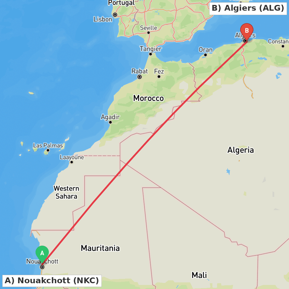 Flight route map from Nouakchott to Algiers