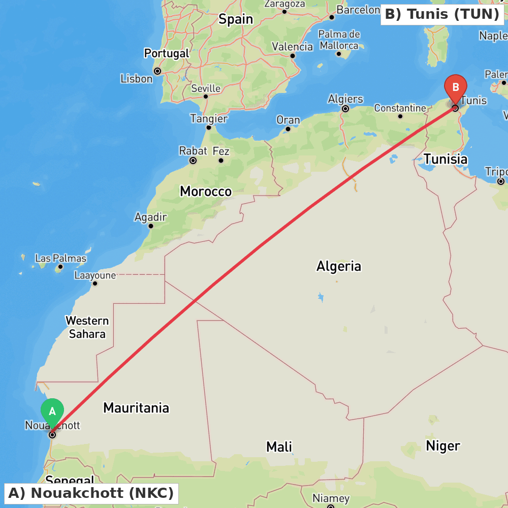 Flight route map from Nouakchott to Tunis