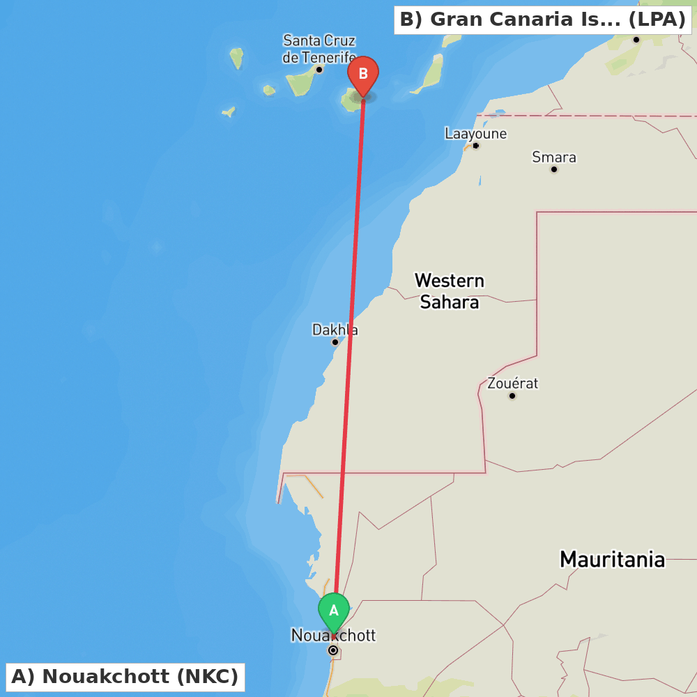 Flight route map from Nouakchott to Gran Canaria Island