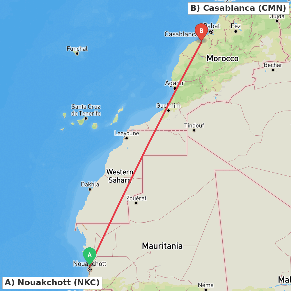 Flight route map from Nouakchott to Casablanca