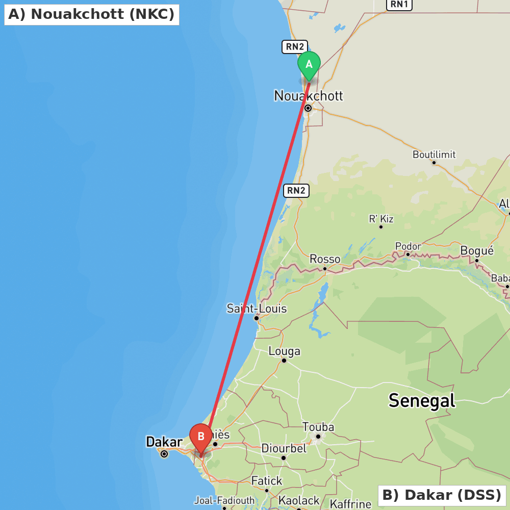 Flight route map from Nouakchott to Dakar