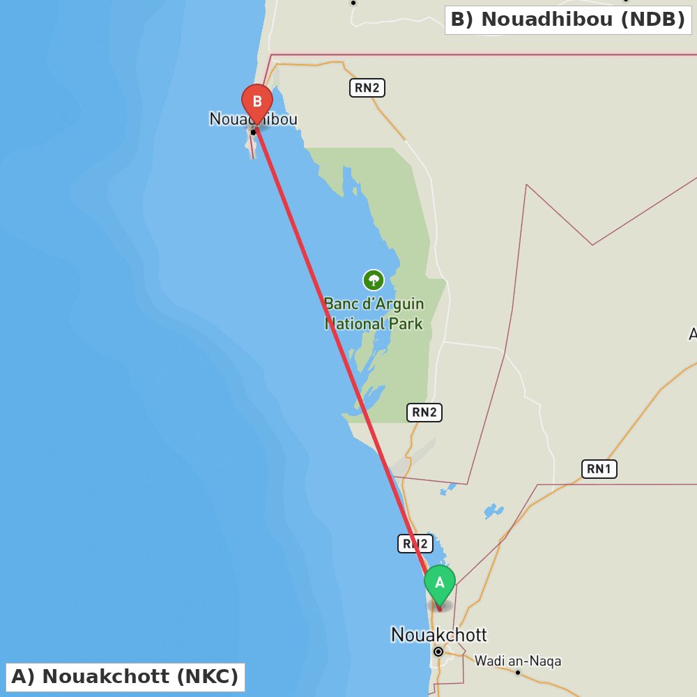 Flight route map from Nouakchott to Nouadhibou