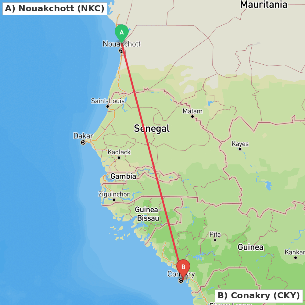 Flight route map from Nouakchott to Conakry