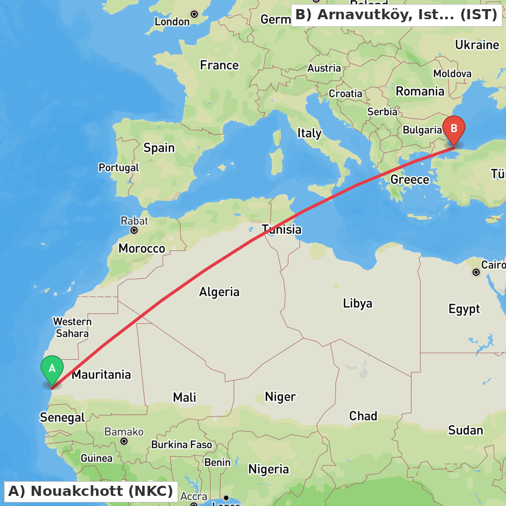 Flight route map from Nouakchott to Arnavutköy, Istanbul