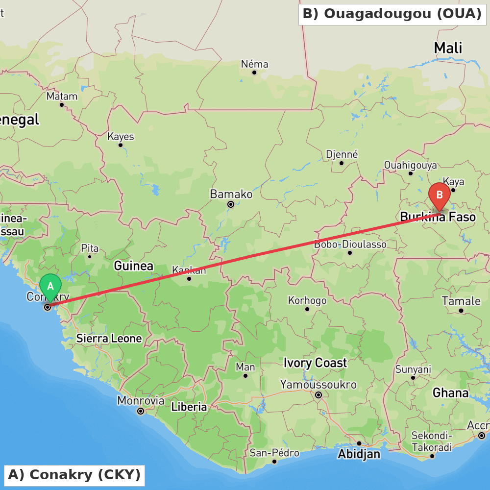Flight route map from Conakry to Ouagadougou