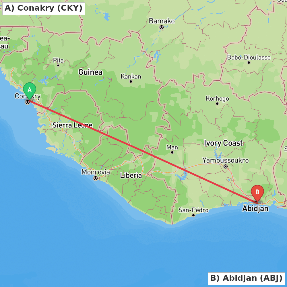 Flight route map from Conakry to Abidjan