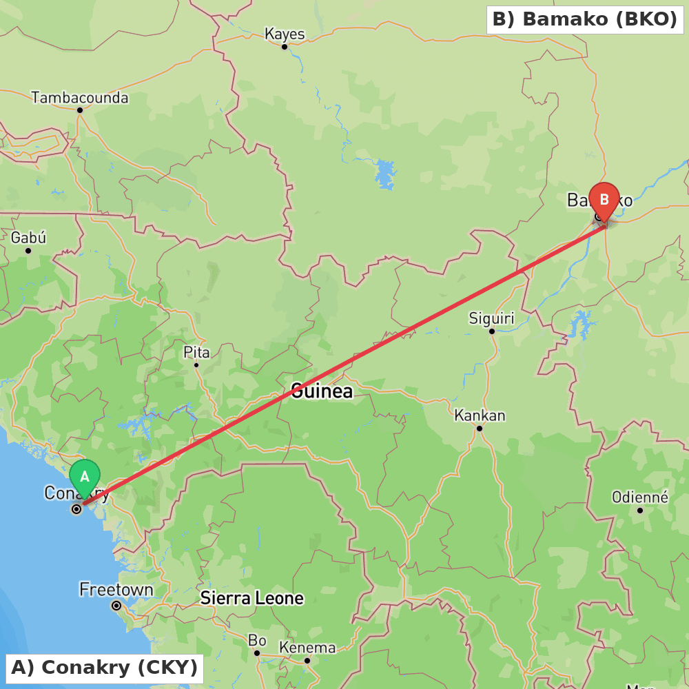 Flight route map from Conakry to Bamako