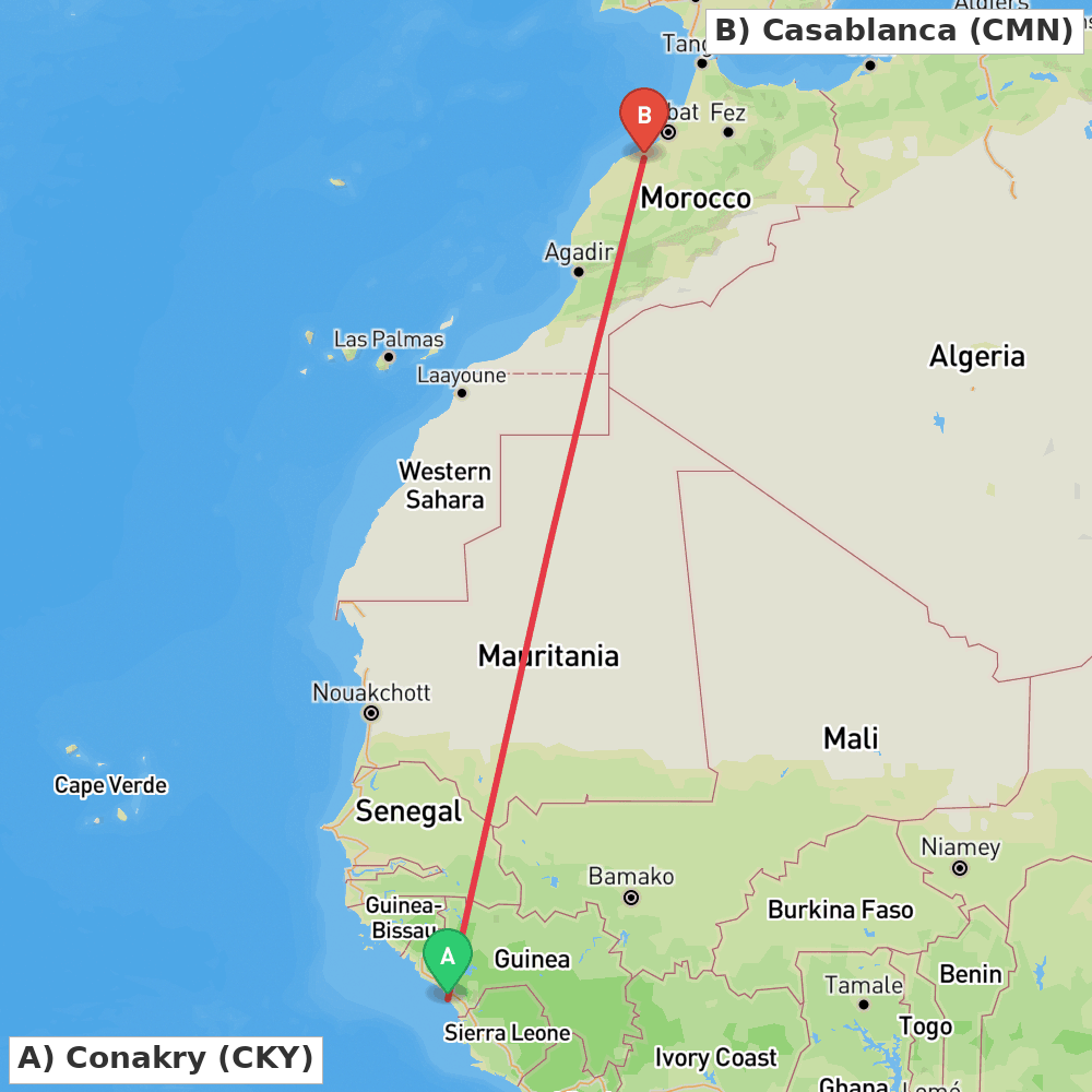 Flight route map from Conakry to Casablanca