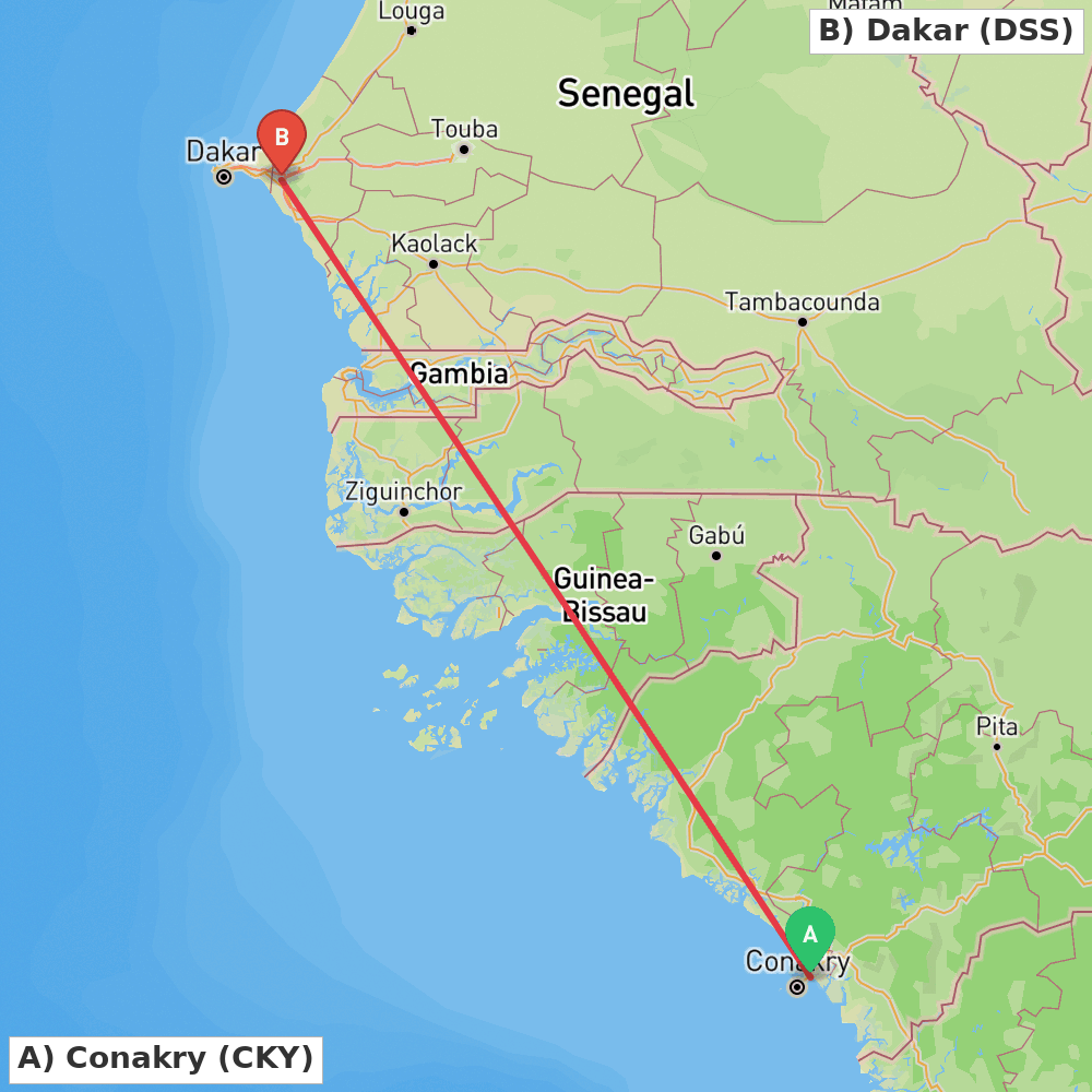 Flight route map from Conakry to Dakar